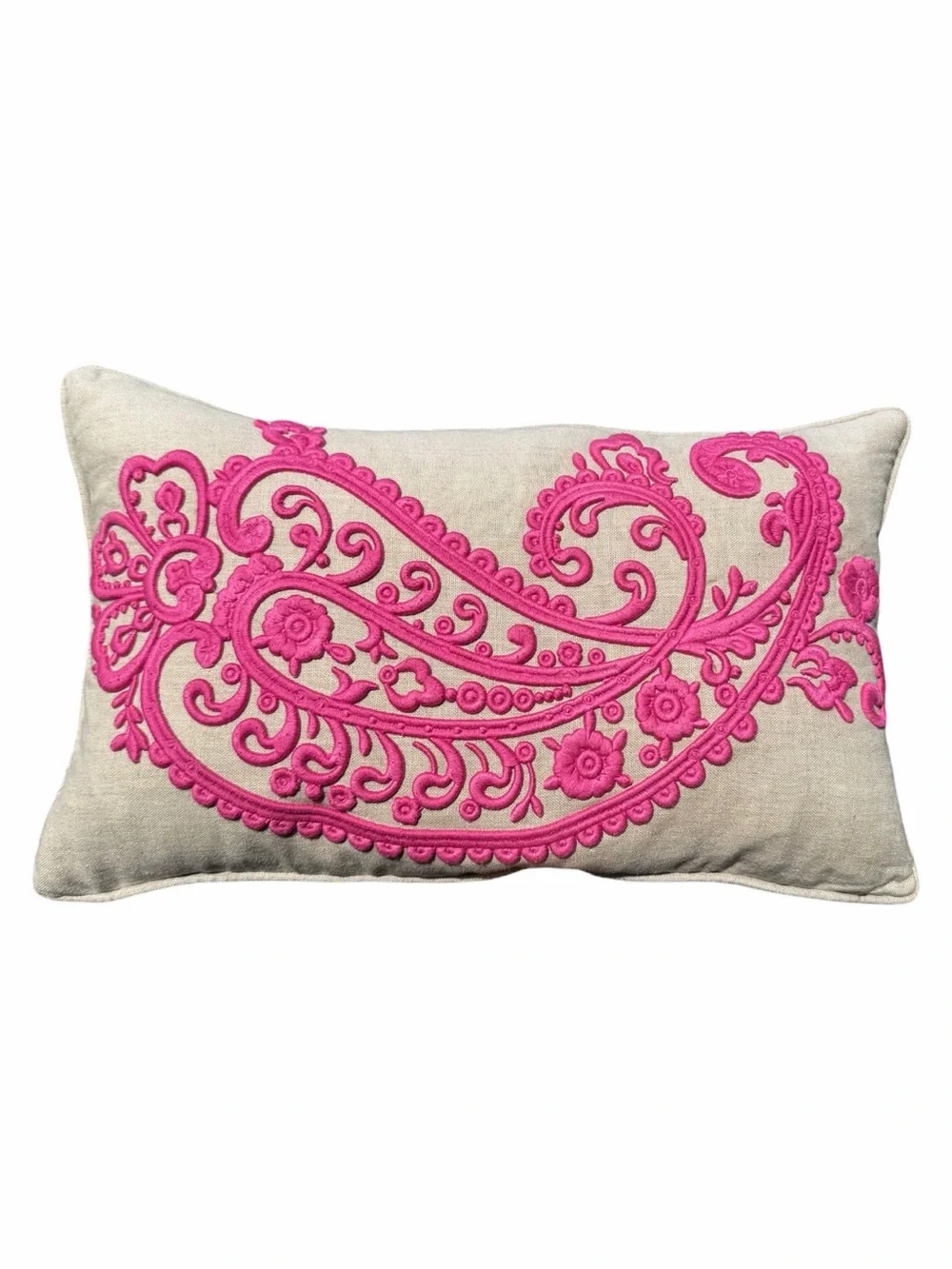 Magaschoni Pink Embroidered Paisley Lumbar Throw Pillow Linen Duck Feather 12x20
